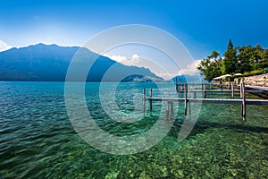 Village Weggis, lake Lucerne Vierwaldstatersee, Pilatus mountain and Swiss Alps in the background near famous Lucerne Luzern c