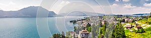 Village Weggis, lake Lucerne Vierwaldstatersee, Pilatus mountain and Swiss Alps in the background near famous Lucerne Luzern c