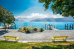 Village Weggis, lake Lucerne Vierwaldstatersee, Pilatus mountain and Swiss Alps in the background near famous Lucerne Luzern c