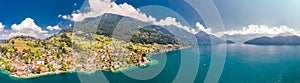 Village Weggis, lake Lucerne Vierwaldstatersee, Rigi mountain and Swiss Alps in the background near famous Lucerne city, Switzer