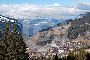 The village of Wengen in the Bernese Alps. Photographed on the Fox Run Trail between Kleine Scheidegg and Wengen in Switzerland