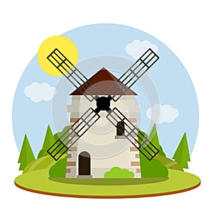 Village windmill. Production of flour from grain. Rural landscape