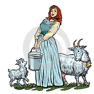 A village woman with bucket of milk goats isolate on white background