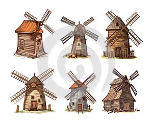 Village wooden windmills. Isolated mills, medieval world agricultural buildings. Farm architecture, cartoon sketch