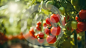 Villagecore Charm: Ripe Tomatoes Flourishing in a Greenhouse. Generative ai