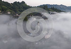 The villages and drum towers in the clouds