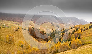 Villages in Romania, aerial view of the authentic places from Rucar-Bran area at the bottom of Bucegi and Piatra Craiului Mountain