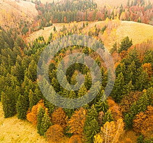 Villages in Romania, aerial view of the authentic places from Rucar-Bran area at the bottom of Bucegi and Piatra Craiului Mountain