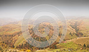 Villages in Romania, aerial view of the authentic places from Rucar-Bran area at the bottom of Bucegi and Piatra Craiului Mountain