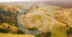 Villages in Romania, aerial view of the authentic places from Rucar-Bran area at the bottom of Bucegi and Piatra Craiului Mountain