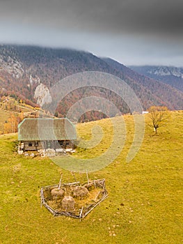 Villages in Romania, aerial view of the authentic places from Rucar-Bran area at the bottom of Bucegi and Piatra Craiului Mountain