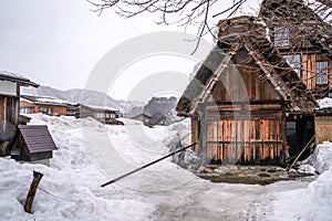 Villages of Shirakawago and Gokayama are one of Japan's UNESCO World Heritage Sites. Farm house in the village and mountain behin