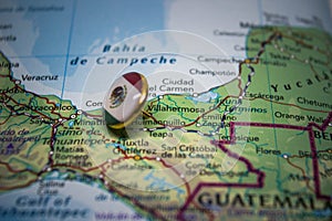 Villahermosa pinned on a map with the flag of Mexico