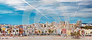 Villajoyosa townscape aerial panoramic image. Spain