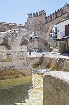 Villalar arc,Jaen gate and Lions fountain, Populo square, Baeza, Jaen, Spain