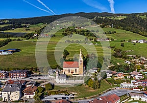 Villandro, Italy - Aerial view of the Church of St.Michael at the small village of Villandro Villanders on a sunny summer day