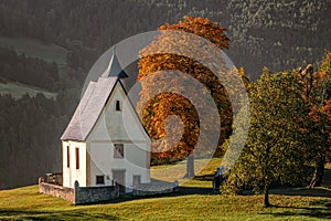Villandro, Italy - Beautiful autumn scenery at Villandro village in South Tyrol, the Italian Dolomites with lovely small chapel