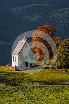 Villandro, Italy - Beautiful autumn scenery at Villandro village in South Tyrol, the Italian Dolomites with lovely small chapel