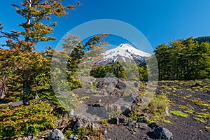 Villarrica volcano from the villarica national park in the araucania region of chile