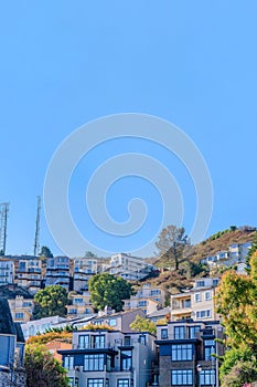 Villas and apartment buildings on a mountains slope at San Francisco, CA