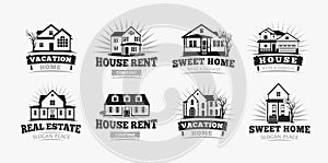 Villas icons, classic american village house architecture. Logo template for real estate agent, sale and rental, restore