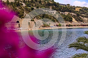 Villefranche sur Mer bay with palm trees and bougainvillea in South of France