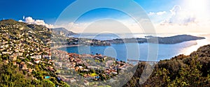 Villefranche sur Mer and Cap Ferrat on French riviera coastline panoramic view