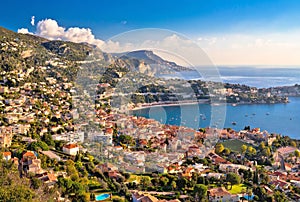 Villefranche sur Mer and Cap Ferrat on French riviera coastline view