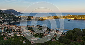 Villefranche-sur-Mer in summer sunset to twilight time-lapse. Cote d`Azur, French Riviera, Alpes Maritimes, PACA, France