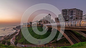 Villena Bridge with traffic and partial City view in the Background day to night timelapse, Lima, Peru.