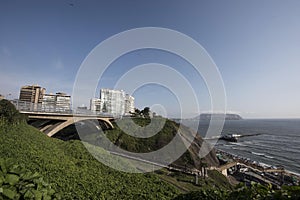 The Villena Rey Bridge in Miraflores district in Lima- building and ocean pacific Peru. Panoramic view