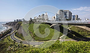 The Villena Rey Bridge in Miraflores district in Lima, luxury building and ocean pacific Peru. Panoramic view photo