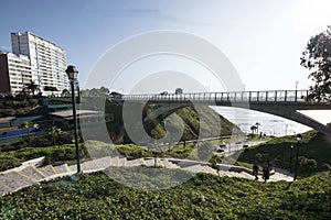 The Villena Rey Bridge in Miraflores district in Lima, luxury building and ocean pacific Peru. Panoramic view