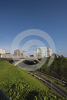 The Villena Rey Bridge in Miraflores district in Lima, - luxury building and ocean pacific Peru. Panoramic view