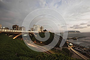 The Villena Rey Bridge in Miraflores district in Lima- luxury building and ocean pacific Peru. Panoramic view