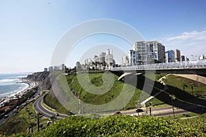 The Villena Rey Bridge in Miraflores district in Lima,- luxury building and ocean pacific Peru. Panoramic view