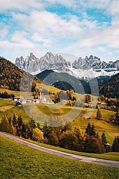 Villnoess, Funes Valley, Autumn, Trentino, Italy. Landmark church photo