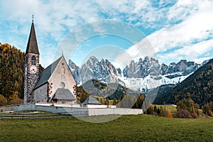 Villnoess, Funes Valley, Autumn, Trentino, Italy. Landmark church