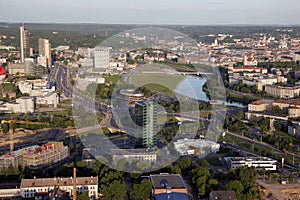 VILNIUS: Aerial View of city center, konstitucijos prospect, river Neris in Vilnius, Lithuania