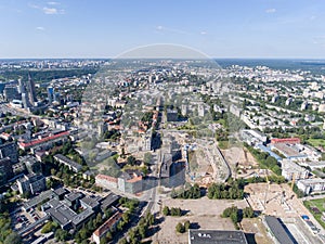 Vilnius City Cityscape, Lithuania. Snipiskes Zirmunai District, Business Town in Background. Drone Point of View. Abandoned