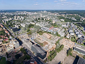 Vilnius City Cityscape, Lithuania. Snipiskes Zirmunai District, Business Town in Background. Drone Point of View. Abandoned