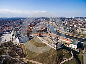 Vilnius Gediminas Tower and River Neris in Background. Lithuania. Vilnius CItyscape and Cathdreal Square.