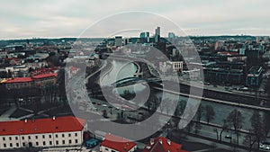 Vilnius, Lithuania, aerial time-lapse view to the Neris and modern city part above Gediminas Castle Tower