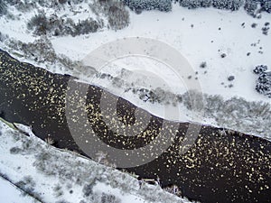 Vilnius, Lithuania: aerial top view of ice drift in Neris river