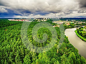 Vilnius, Lithuania: aerial UAV top view of Neris river and park in Bukciai photo