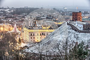 Vilnius, Lithuania: aerial view of the old town, christmas tree and decorations in Cathedral Square