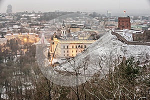 Vilnius, Lithuania: aerial view of the old town, christmas tree and decorations in Cathedral Square