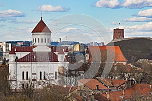 VILNIUS, LITHUANIA . Aerial view at Vilnius. Panorama of Vilnius: Gediminas castle, old town and other objects.