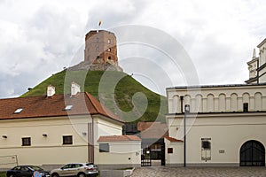 Gediminas Castle on the hill in the old town center in Vilnius, Lithuania. The tower is an