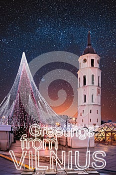 Vilnius, Lithuania. Bell Tower Belfry Of Vilnius Cathedral At Square In Evening New Year Christmas Xmas Illuminations